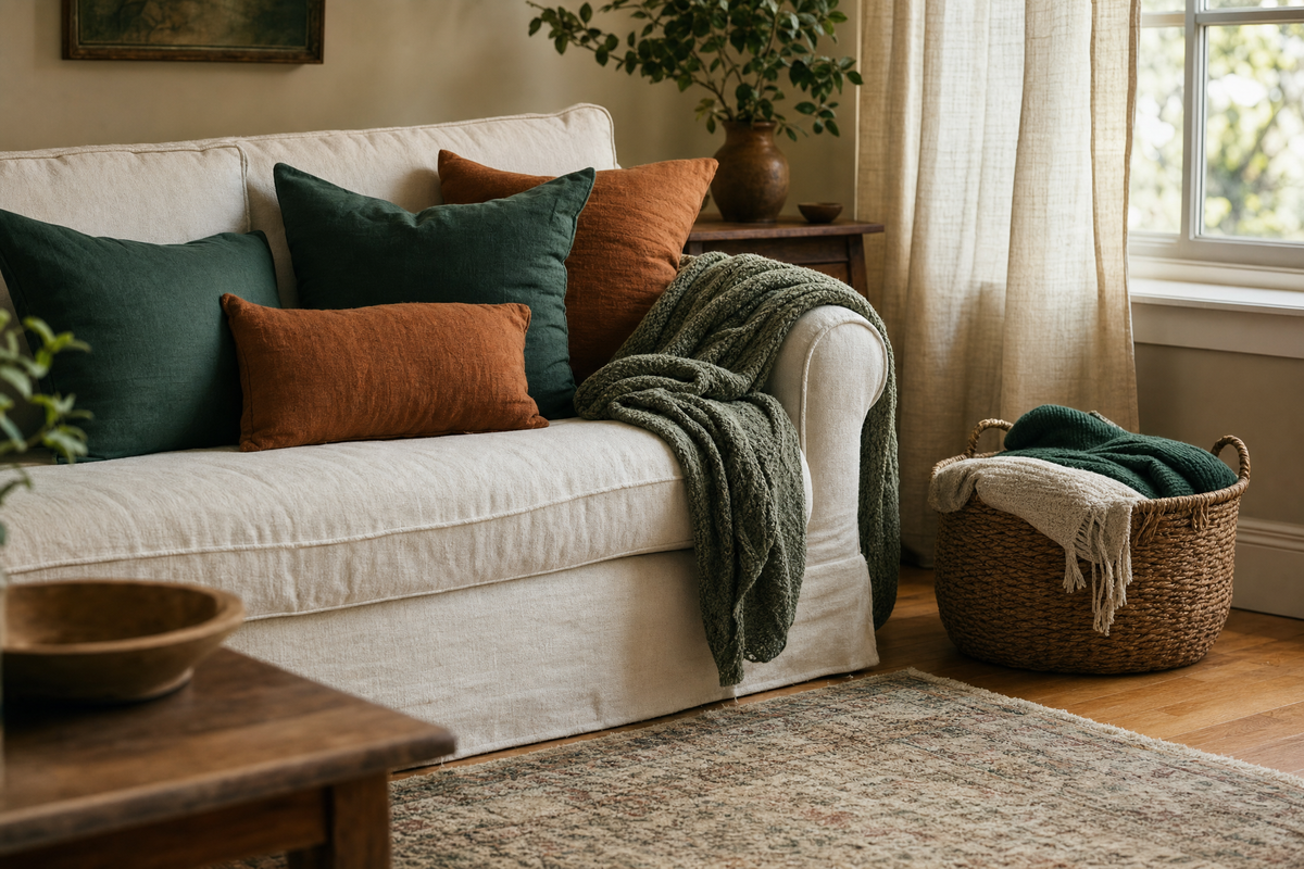 Living room with a covered sofa, green and rust cushions and a knit throw