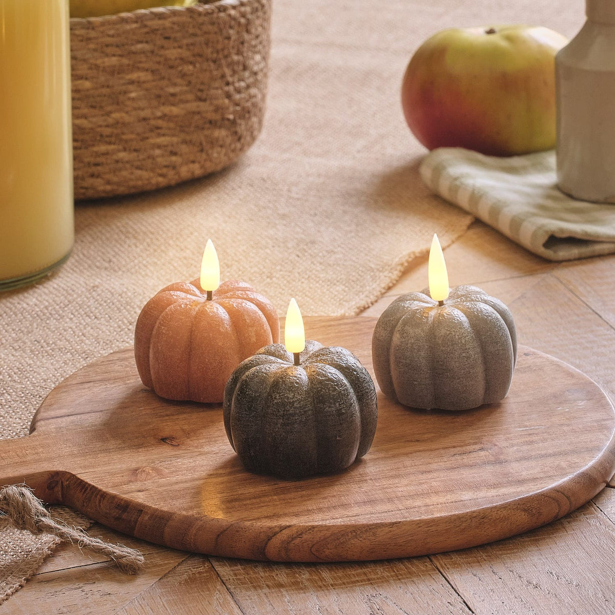 Hazel | Set Of 3 Mini Wax LED Pumpkin Candles With Remote