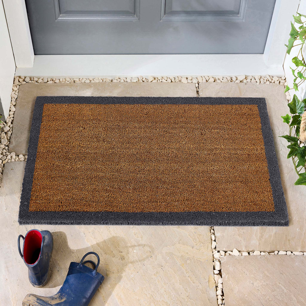 Printed Coir Border Grey Blue Doormat. Made from eco-friendly materials featuring a blue grey border.