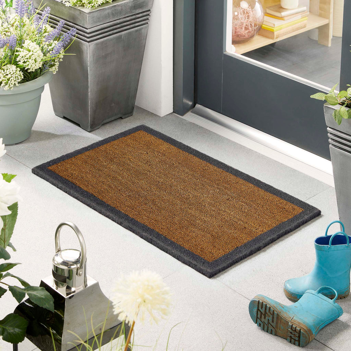 Printed Coir Border Grey Blue Doormat. Made from eco-friendly materials featuring a blue grey border.