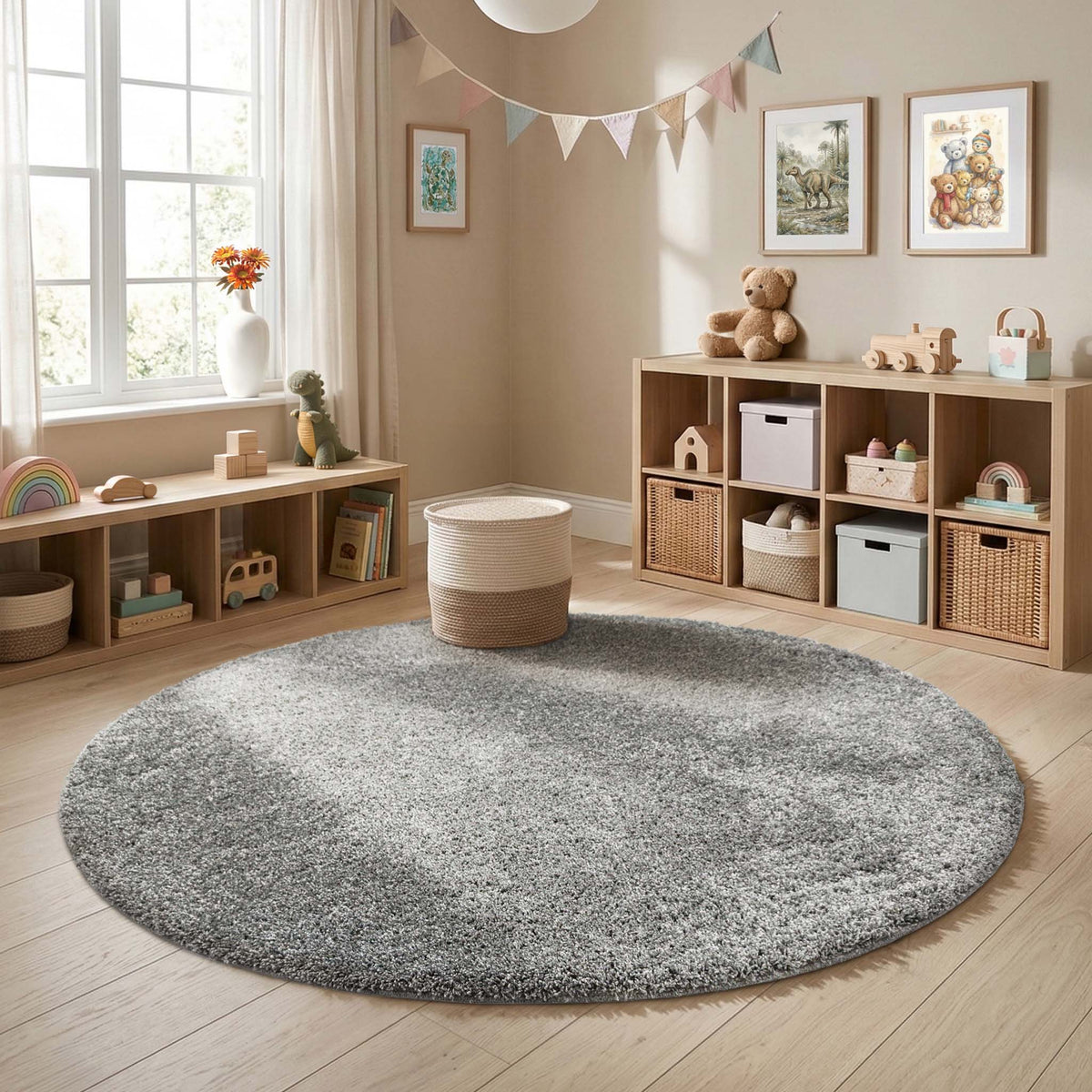 My Rug Grey shaggy rug styled in a nursery room.