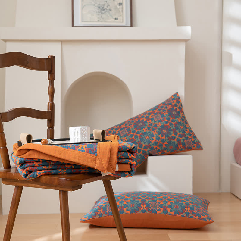 Ownkoti Orange & Blue Pattern Six Layers Cotton Quilt