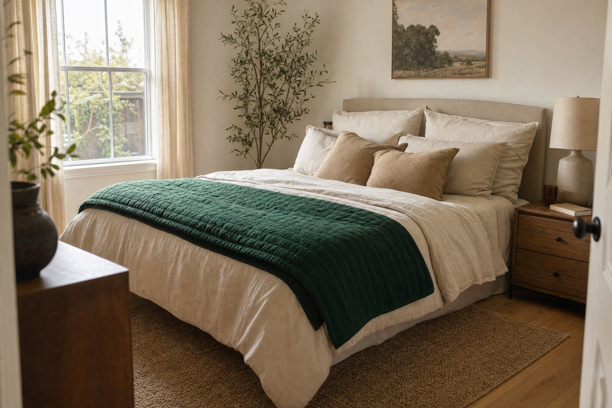 Bedroom with cream bedding and a deep green quilted throw