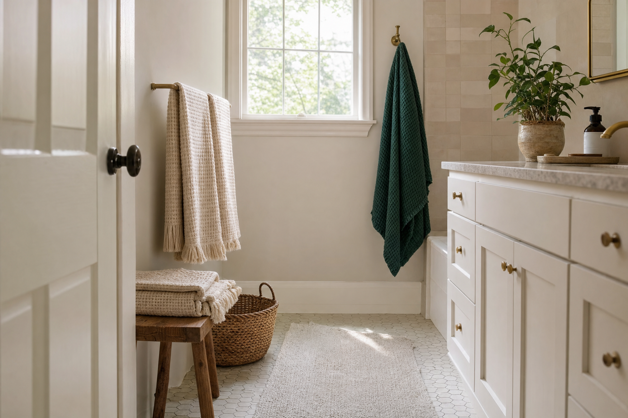 Bathroom with folded waffle towels and a green hand towel