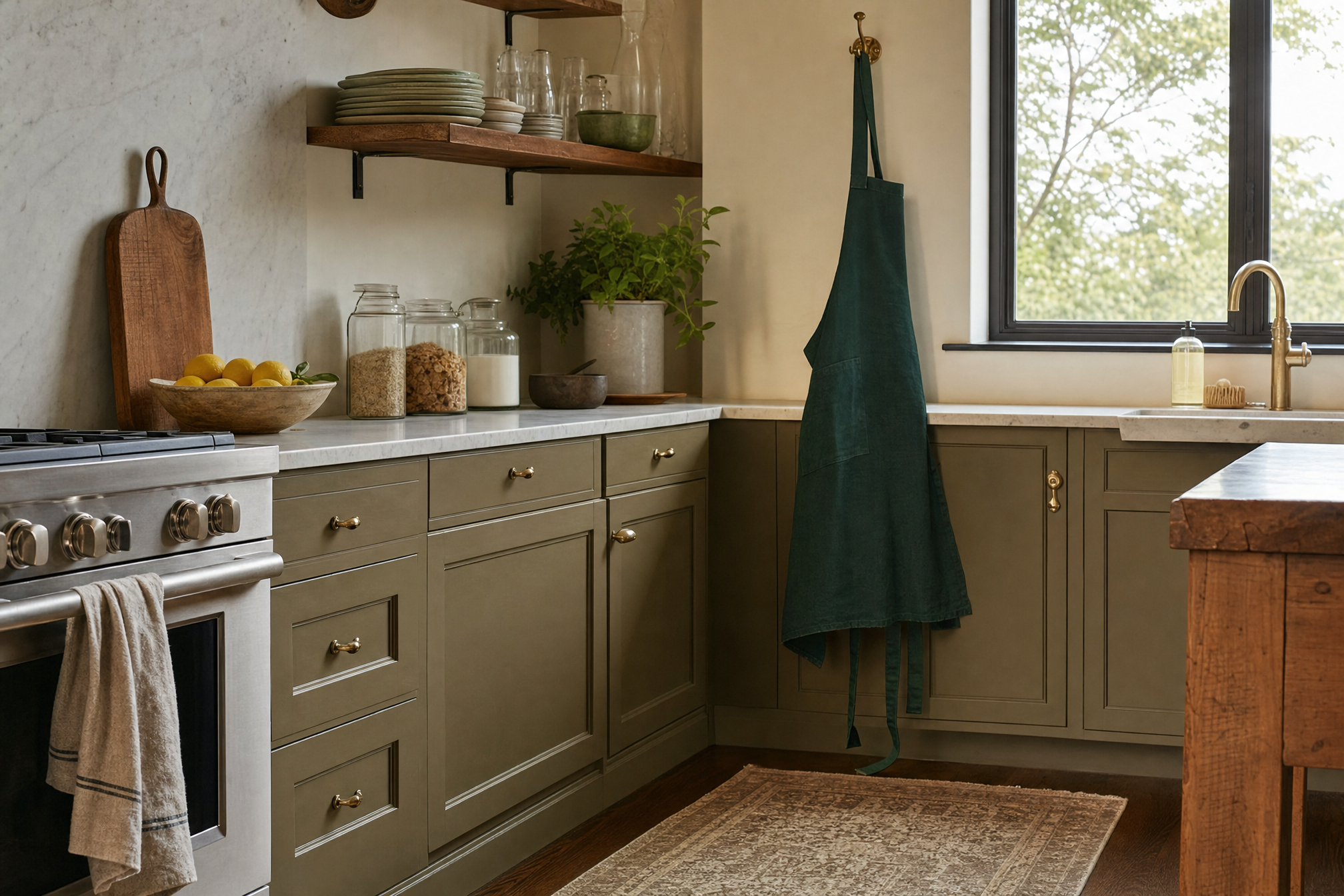 Kitchen corner with a runner mat, linen tea towel and a green apron
