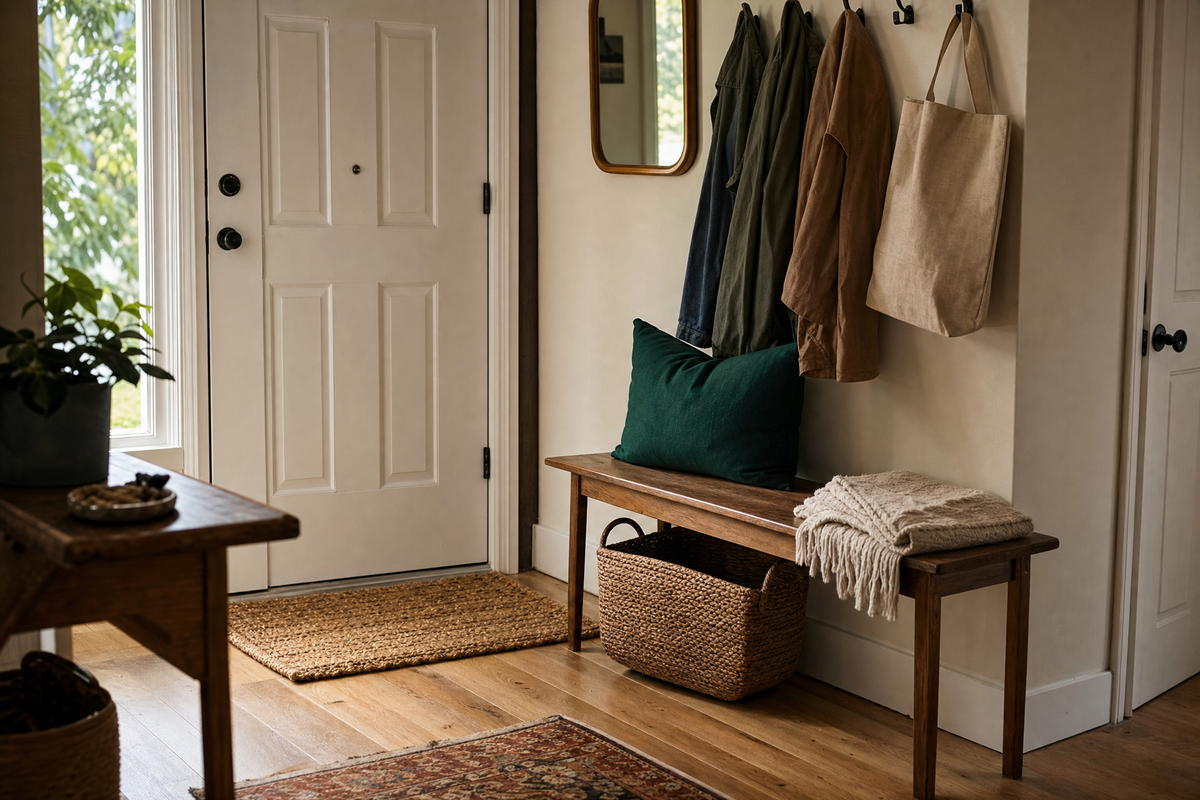 Entryway with a woven door mat, wooden bench and coats on hooks