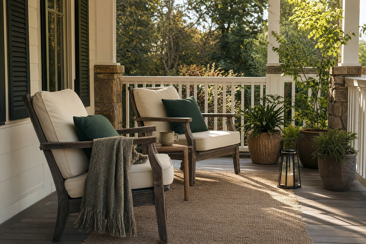 Covered porch with cushioned chairs, an outdoor rug and a lantern