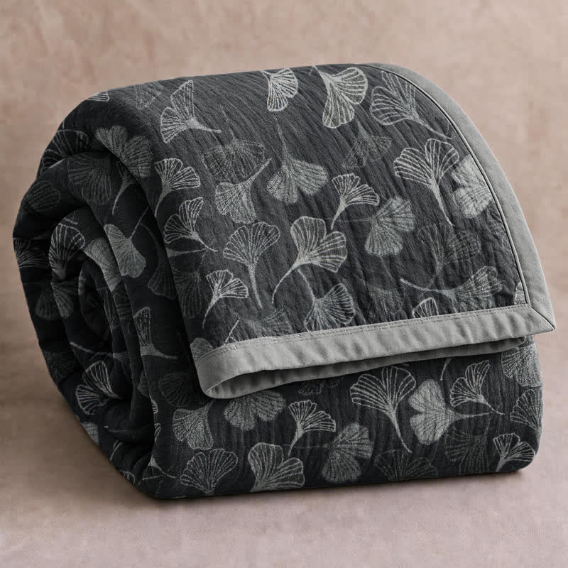 Ownkoti Grey‑Black Ginkgo Leaf Cotton Blanket - Black - 98" x 94" - image 6