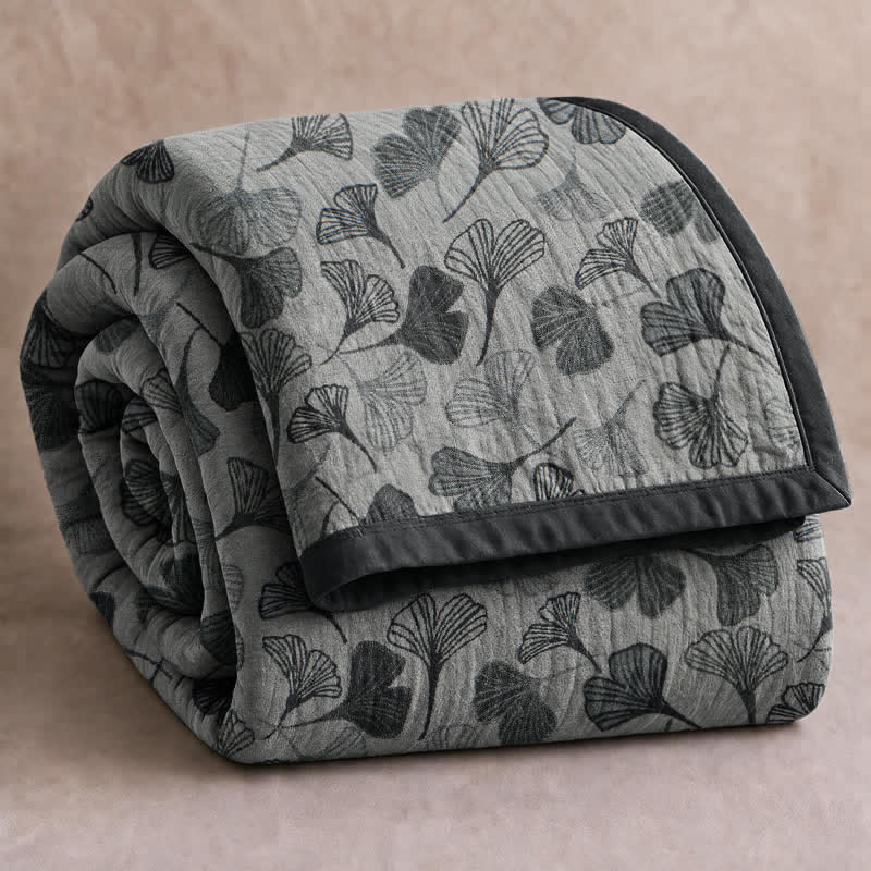 Ownkoti Grey‑Black Ginkgo Leaf Cotton Blanket - Light Gray - 98" x 94" - image 0