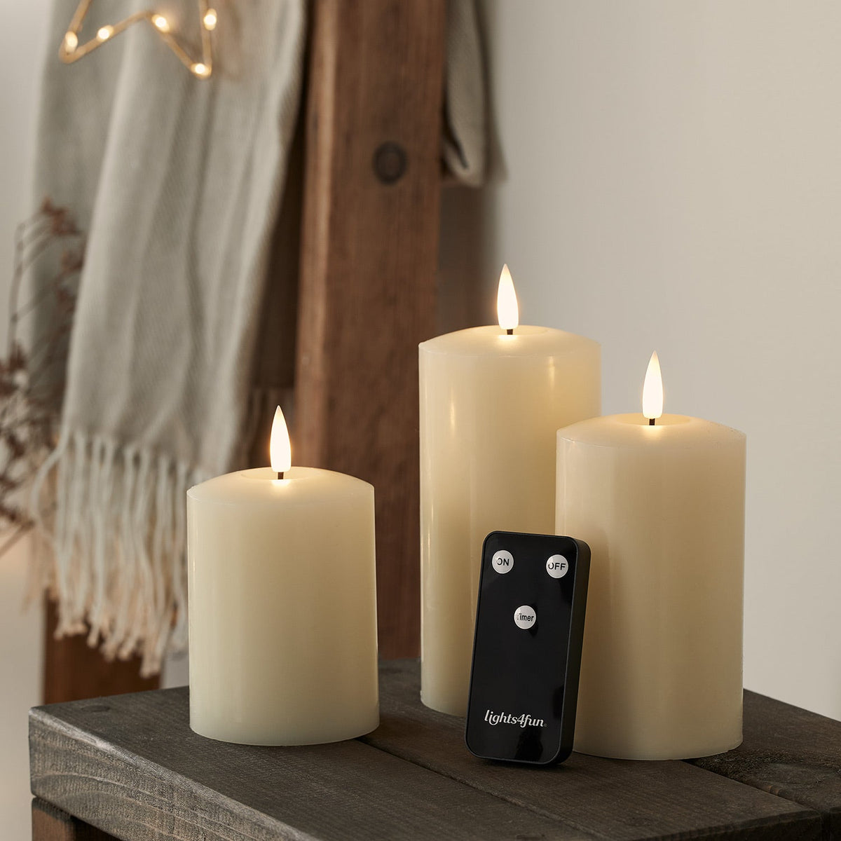 Sable | Set Of 3 Ivory Wax LED Flameless Pillar Candles With Remote
