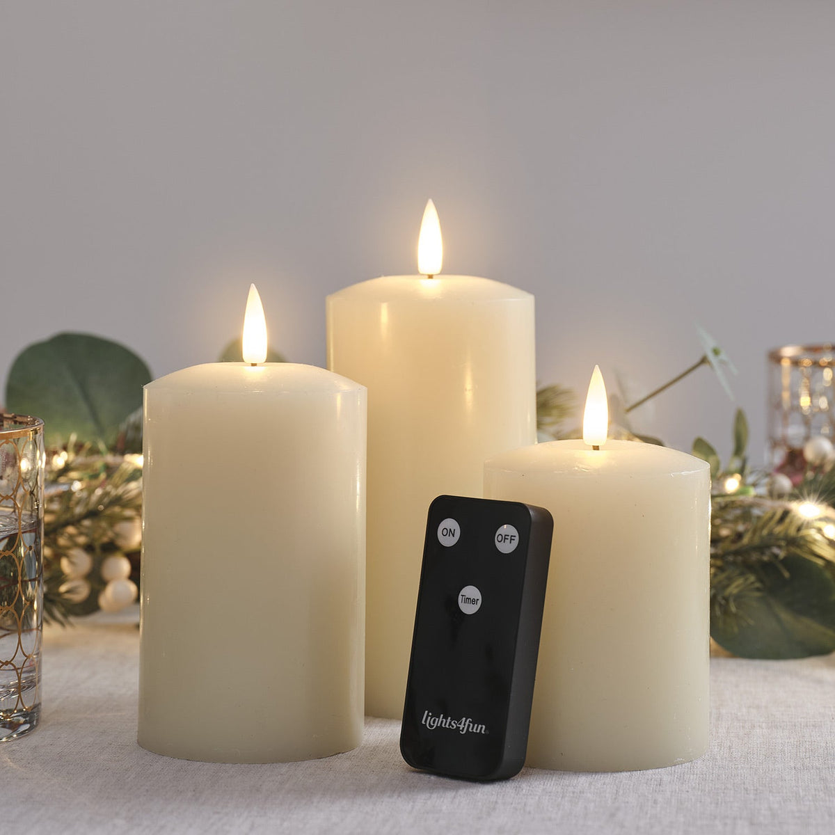 Sable | Set Of 3 Ivory Wax LED Flameless Pillar Candles With Remote