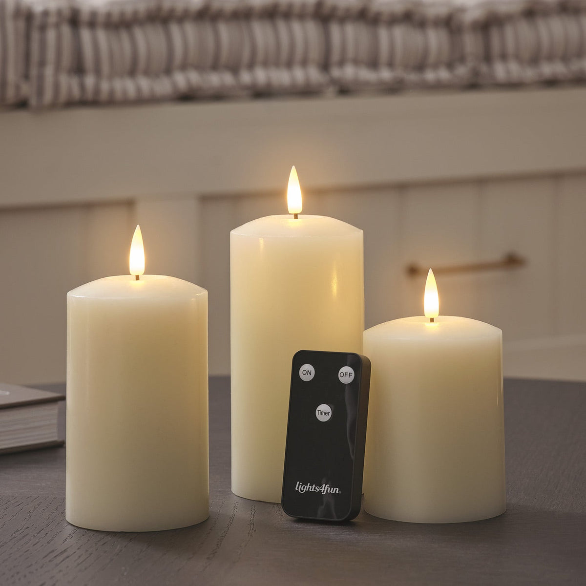 Sable | Set Of 3 Ivory Wax LED Flameless Pillar Candles With Remote