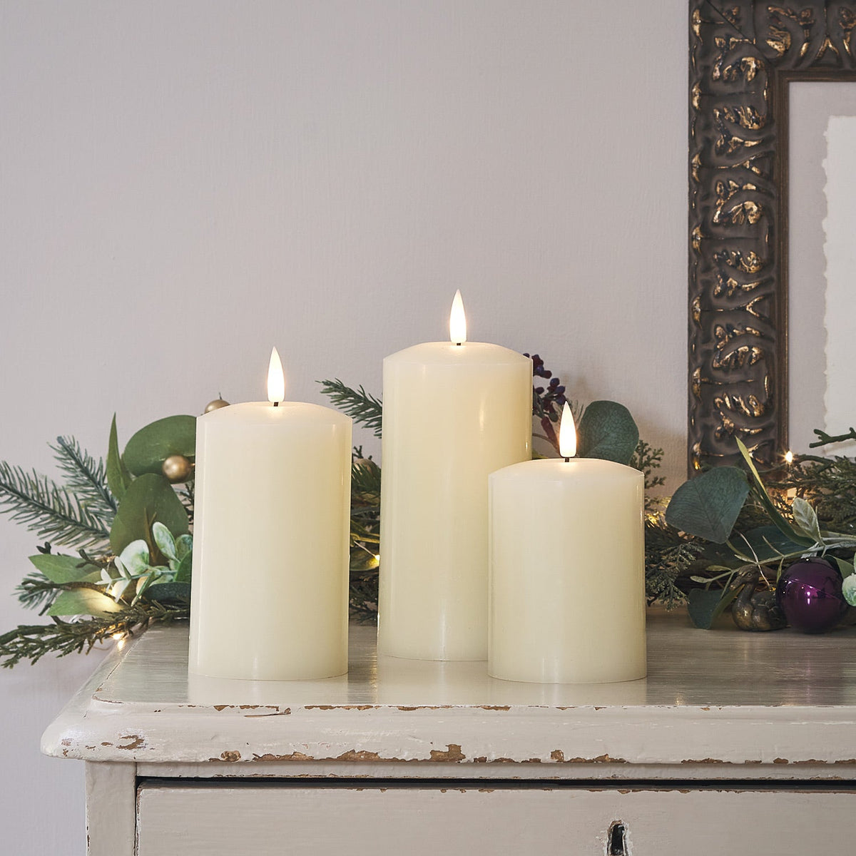 Sable | Set Of 3 Ivory Wax LED Flameless Pillar Candles With Remote