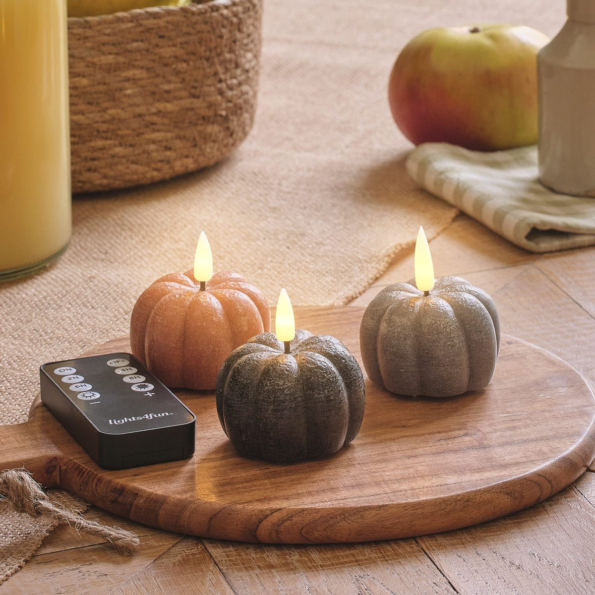 Hazel | Set Of 3 Mini Wax LED Pumpkin Candles With Remote
